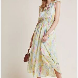 Anthropologie Watercolor Maxi Dress Flutter Sleeves Size 0 Smocked Waist